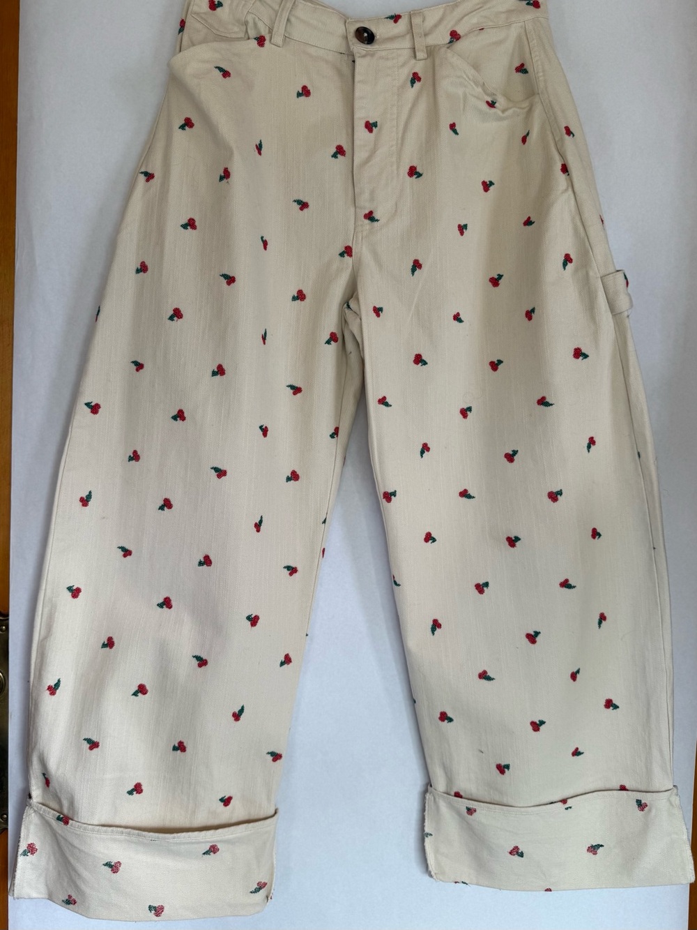 Anthropologie Pilcro Kayden barrel Pants with embroidered Red Cherry Motif